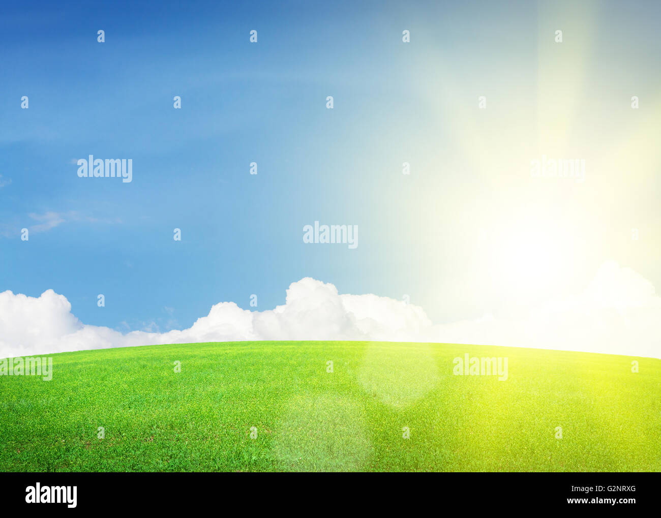 Green grass field and blue sky with clouds and bright sun Stock Photo ...