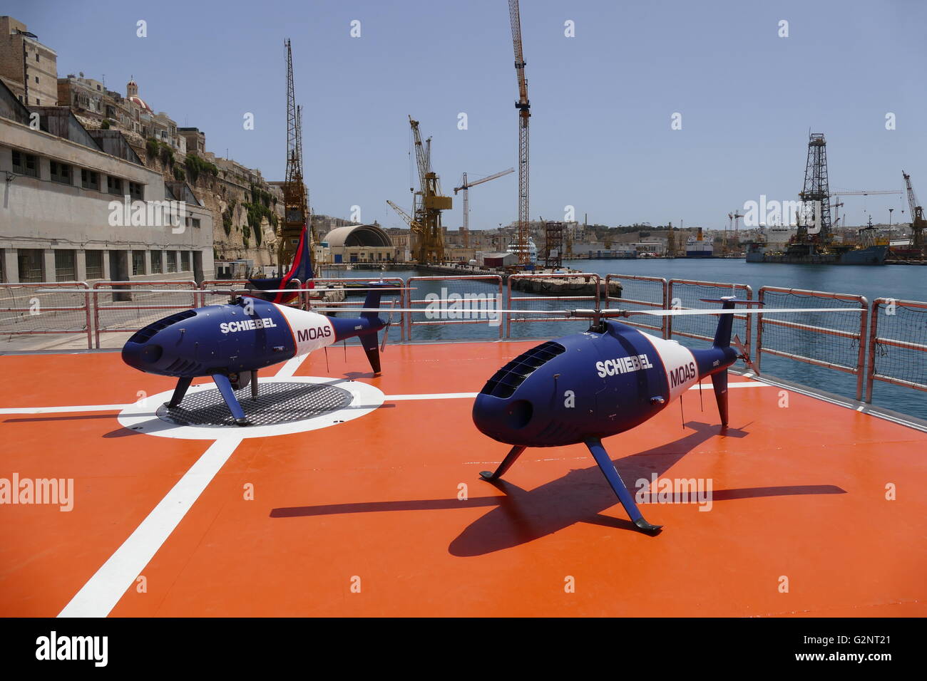 The two S-100 Schiebel Camcopters or drones used by MOAS to find migrant boats in distress. Stock Photo