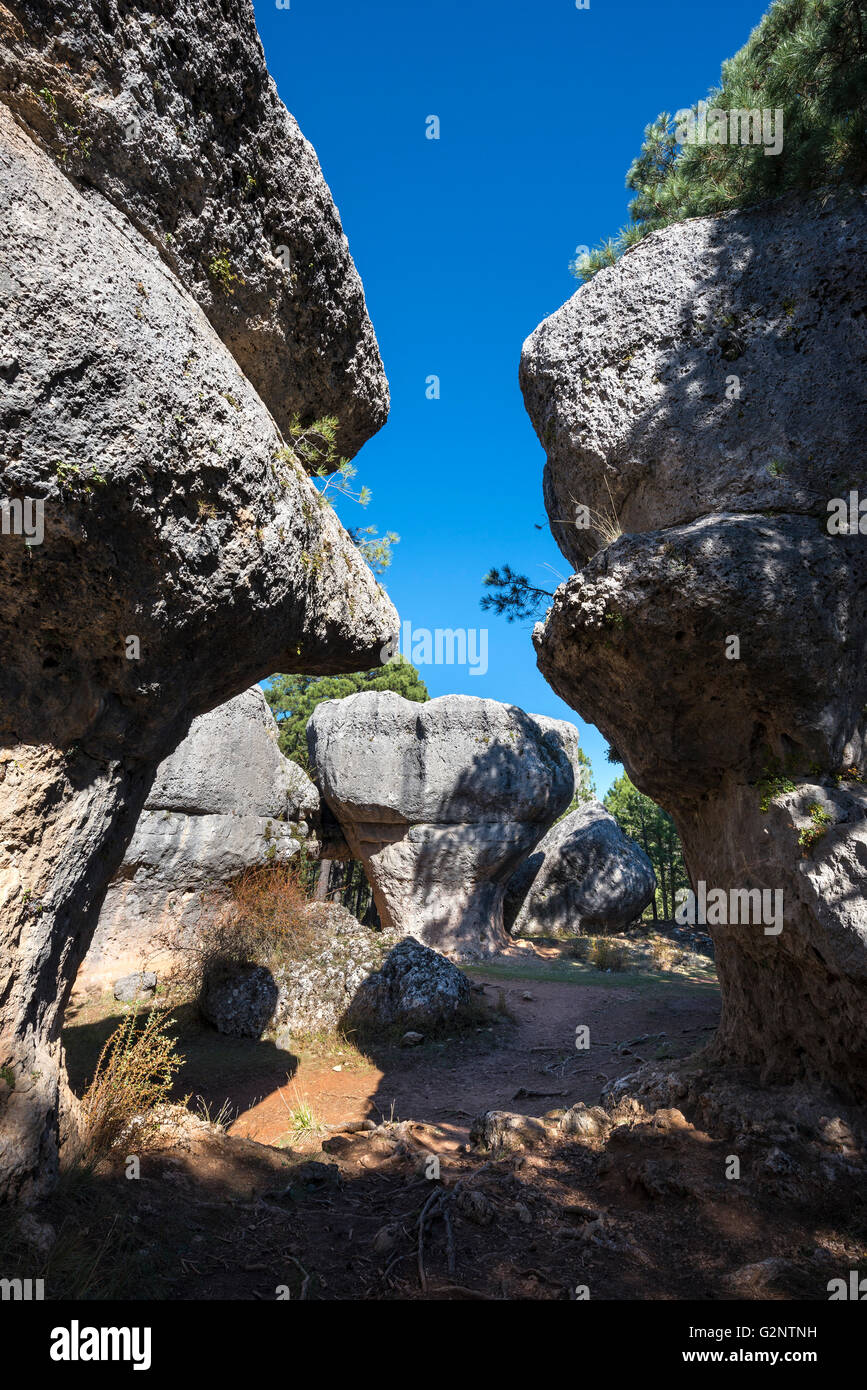 Eroded limestone outcrops in La Ciudad Encantada,  The enchanted City, Park, Serrania de Cuenca, Castilla-la Mancha, Spain Stock Photo