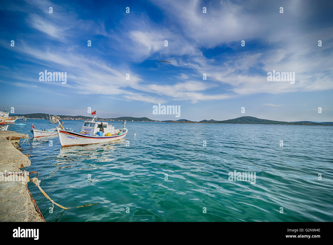 Fishing boats in Alibey Cunda Island Balikesir Turkey. Cunda Island, also called Alibey Island is the largest of the Ayvalik Stock Photo