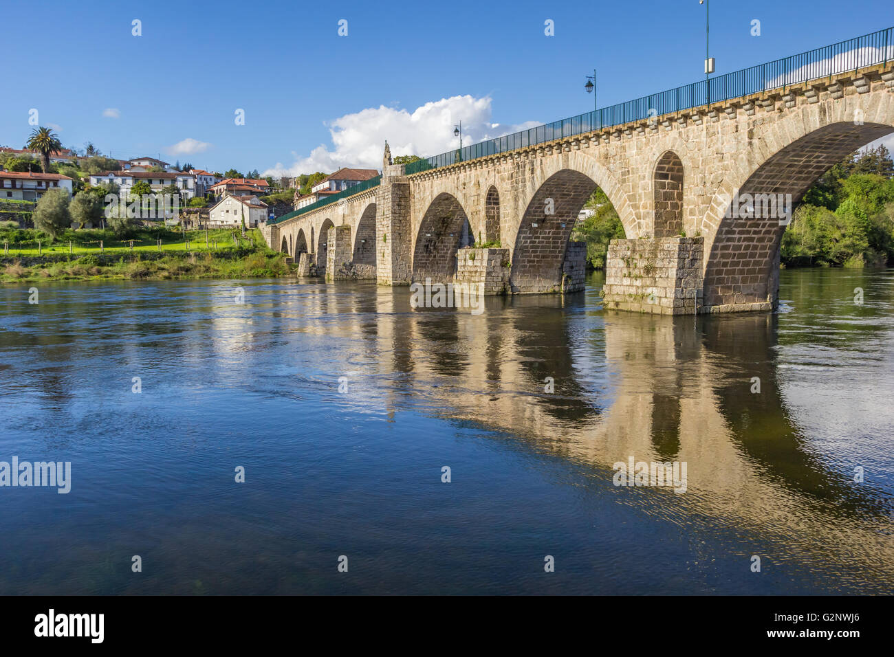 Historical roman bridge in Ponte da Barca, Portugal Stock Photo