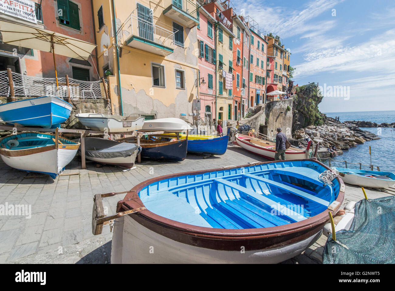 boats in the little natural harbour of Riomaggiore (Liguria) Stock Photo
