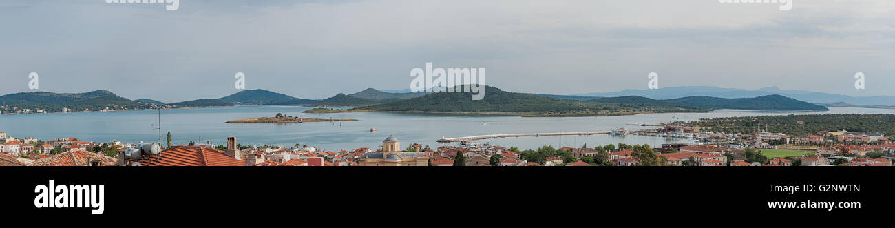Seascape panorama of touristic town, Cunda Alibey Island, Ayvalik. It is a small island in the northwestern Aegean Sea, off the Stock Photo