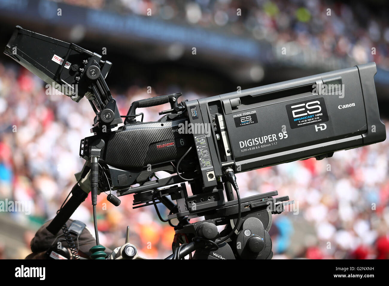 A broadcast television camera is pictured at a rugby match. London. UK. Stock Photo