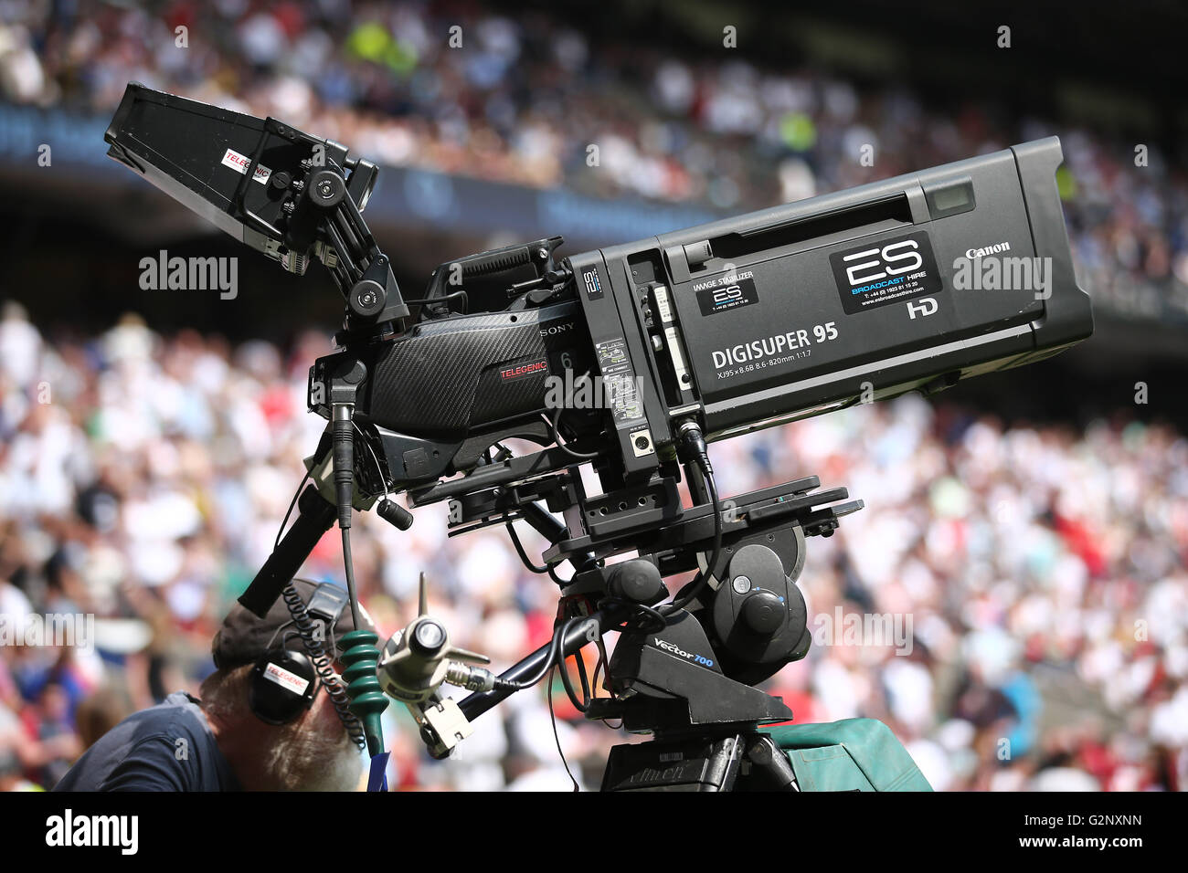 A broadcast television camera is pictured at a rugby match. London. UK. Stock Photo