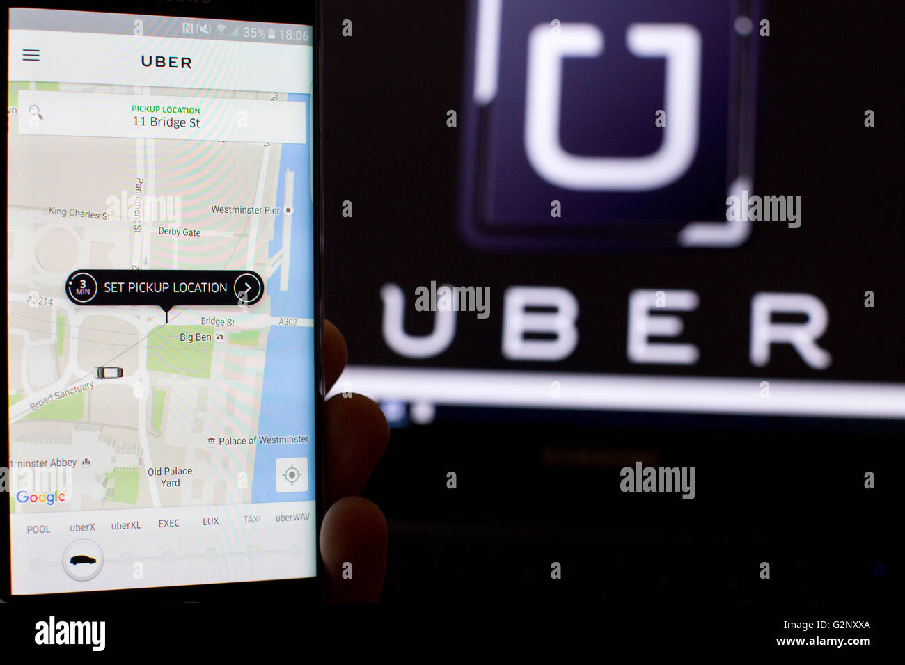 Uber taxi cab app is pictured in London on 8 May 2019 Stock Photo Alamy