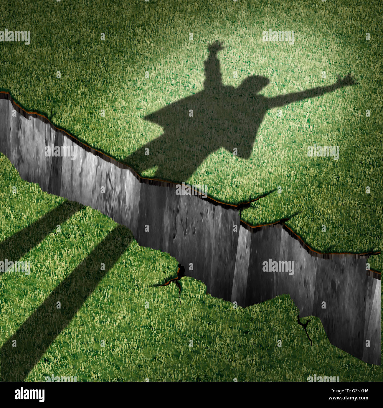 Overcome obstacle and concept of success power as a cast shadow of a cheering person leaping through a cliff opening  as a metaphor for oversoming barriers and finding a way to victory with 3D illustration elements. Stock Photo