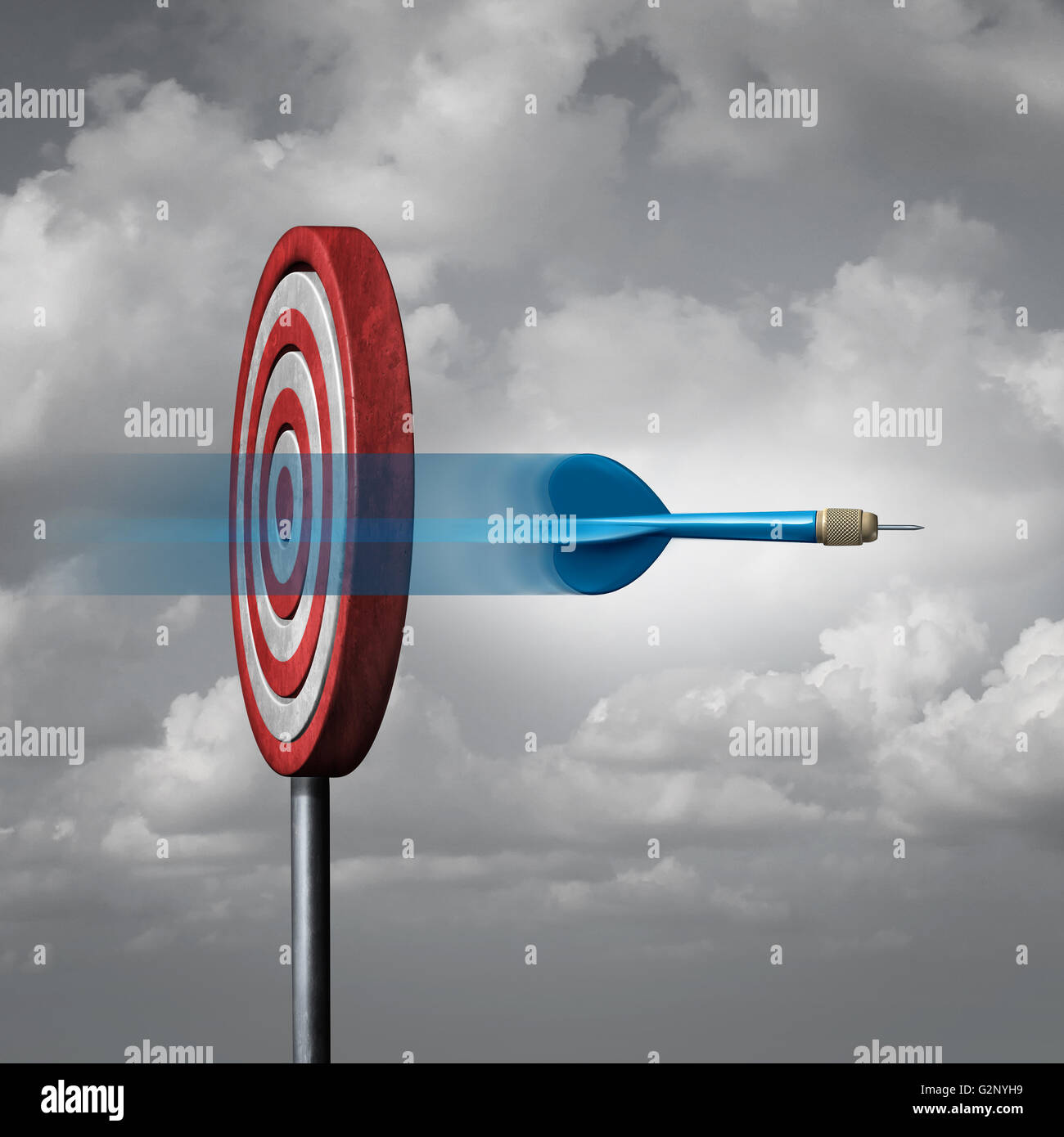 Missing the target concept as a dart way off the mark or bullseye as a metaphor for failure and failing to hit a goal with 3D illustration elements. Stock Photo