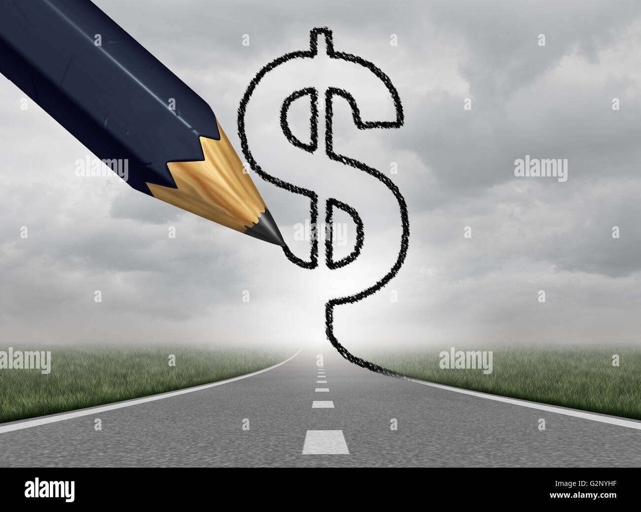 Business profit and wealth path as a money road to fortune with a black pencil drawing a dollar currency symbol on a success highway with 3Dillustration elements. Stock Photo