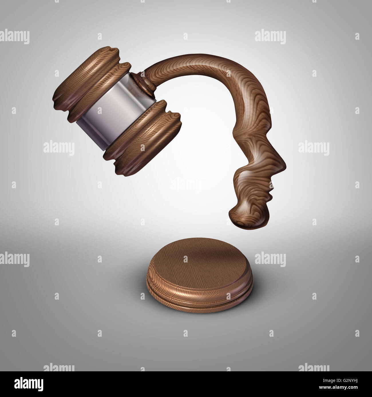 Legal mind law thinking concept and judgement symbol as a judgement mallet or gavel made shaped as a human head as a metaphor for strategies in legislation or intelligent legal opinions and judge or lawyer ideas. Stock Photo