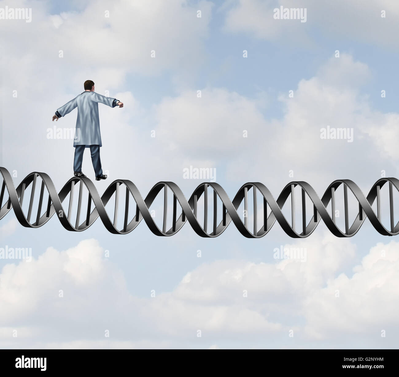 Genetic research doctor challenge as a biologist scientistist walking on a DNA helix strand as a medical biotechnology symbol with 3D illustration elements. Stock Photo