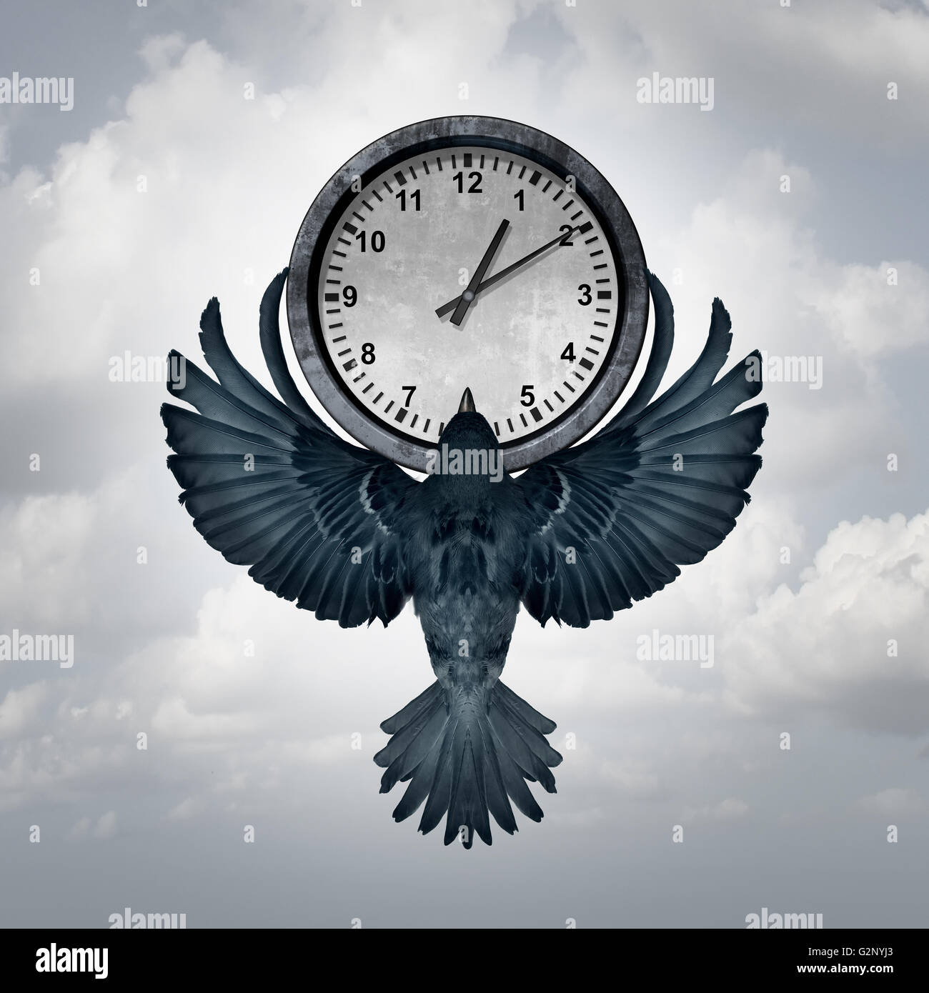Time flies concept as a bird with open wings lifting up a clock as a metaphor for management of deadline or managing appointments with 3D illustration elements. Stock Photo