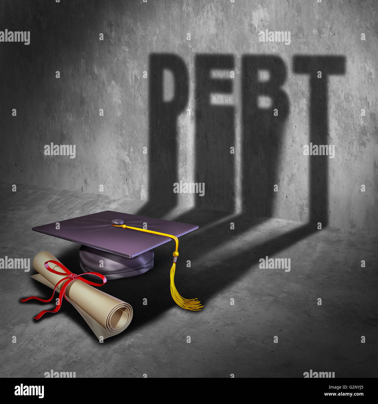 College debt and student financial concept as a graduation mortar board and diploma with a cast shadow as an icon for tuition loan repayment or lending and education financing with 3D illustration elements. Stock Photo