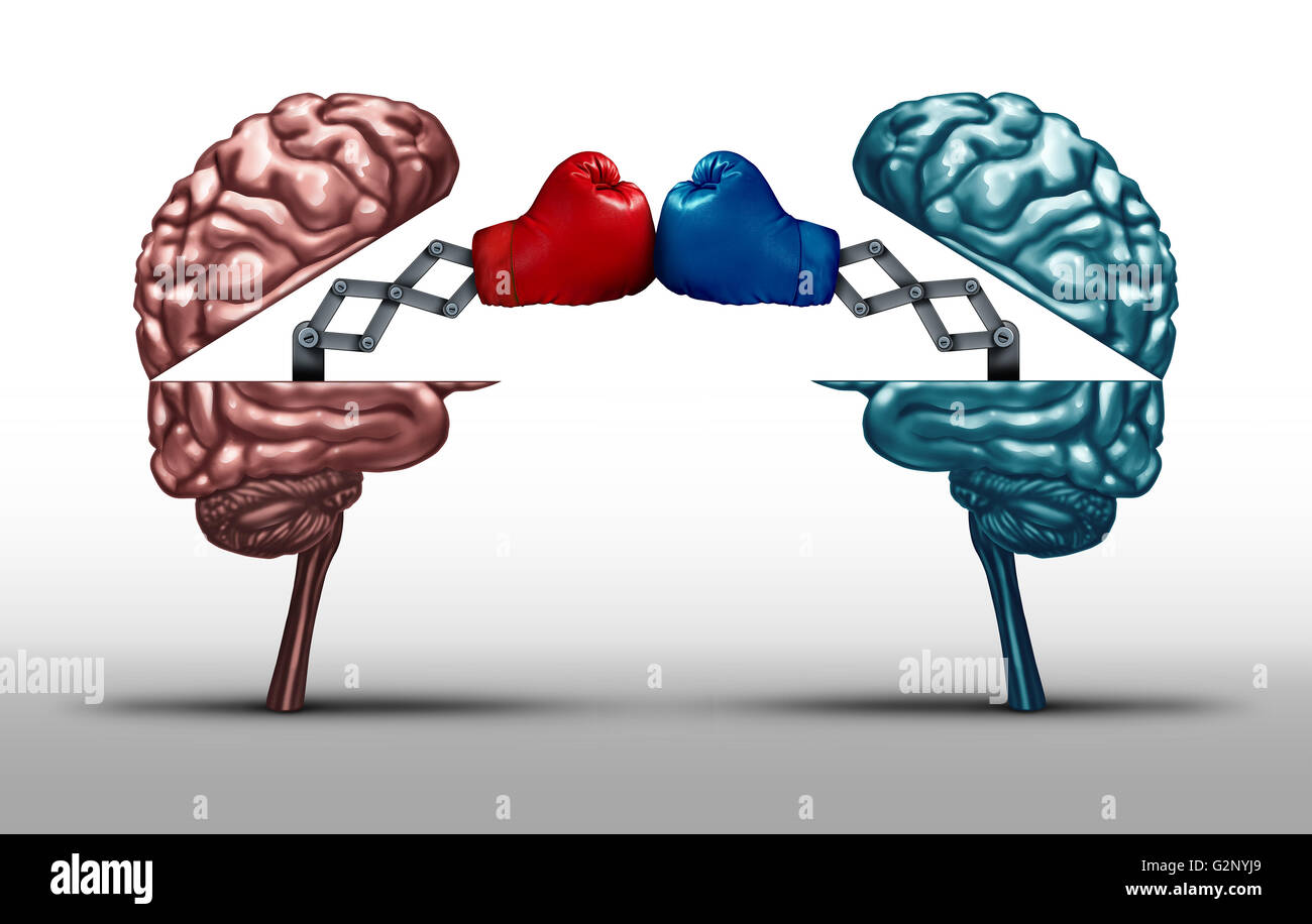 Battle of the brains and war of wit concept as two opposing open human brain symbols fighting as a debate or dispute metaphor and an icon for creative competition in a 3D illustration style. Stock Photo