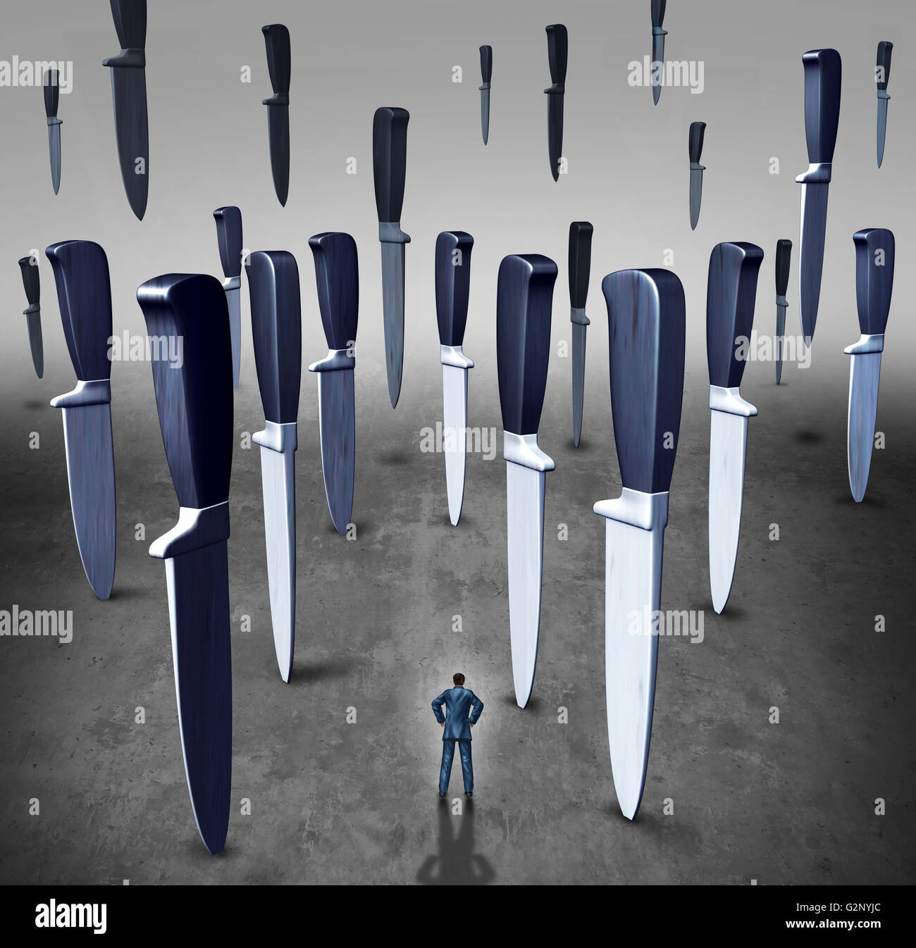 Concept of business danger or career crisis as a businessman in a path of falling knives and knife blades as a metaphor for corporate risk with 3D illustration elements. Stock Photo