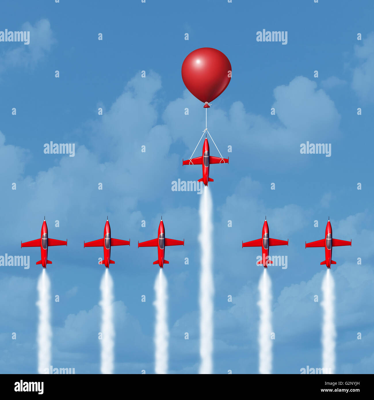 Winning business tools and successful strategy concept as a group of competitive jet airplanes racing up with one individual that is helped by a balloon as the winner as a 3D illustration. Stock Photo