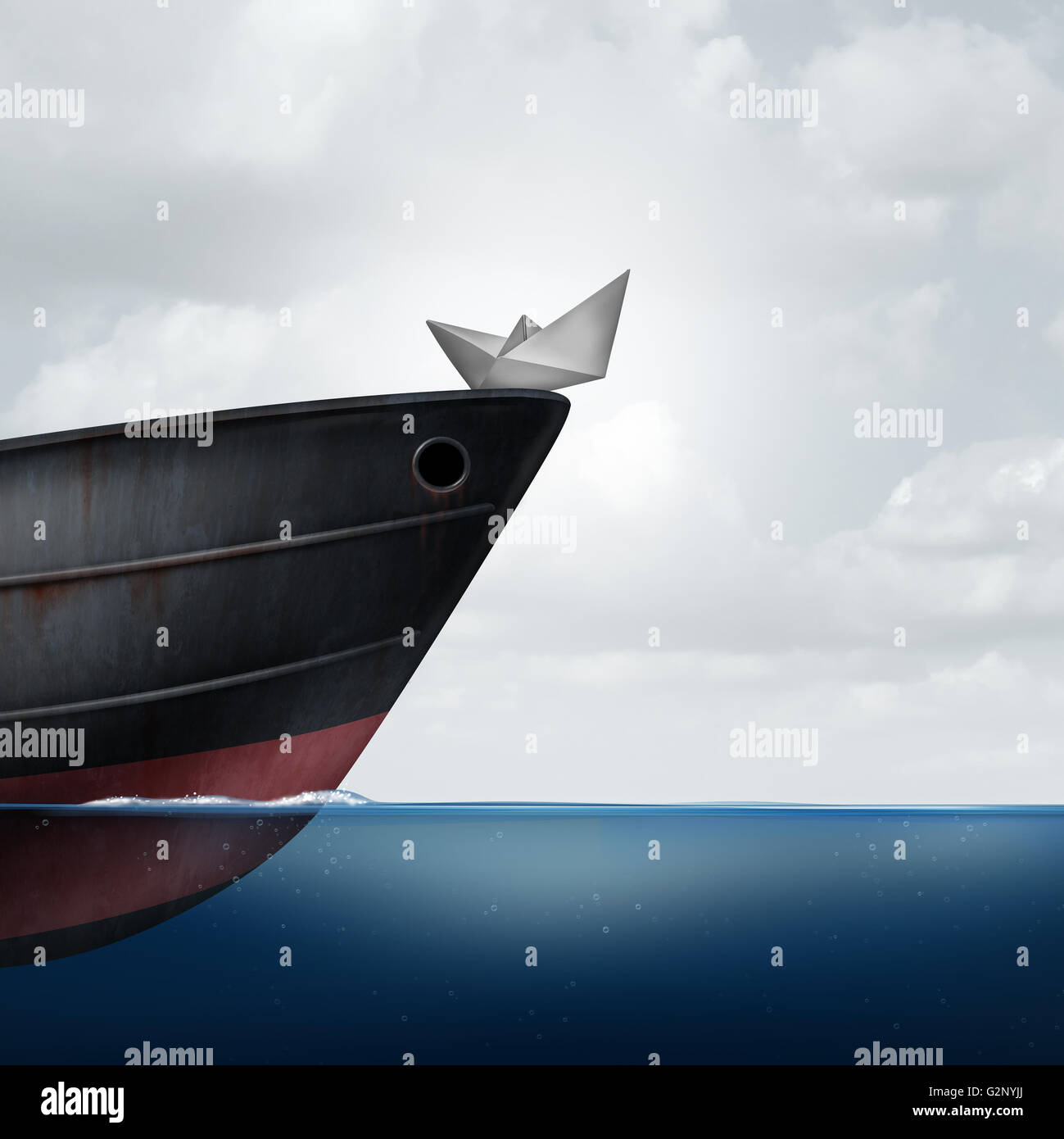 Big business helping small business as a financial  and corporate support metaphor as a huge ship providing assistance to a small paper boat as a symbol for investment or economic funding of smaller companies with 3D illustration elements. Stock Photo