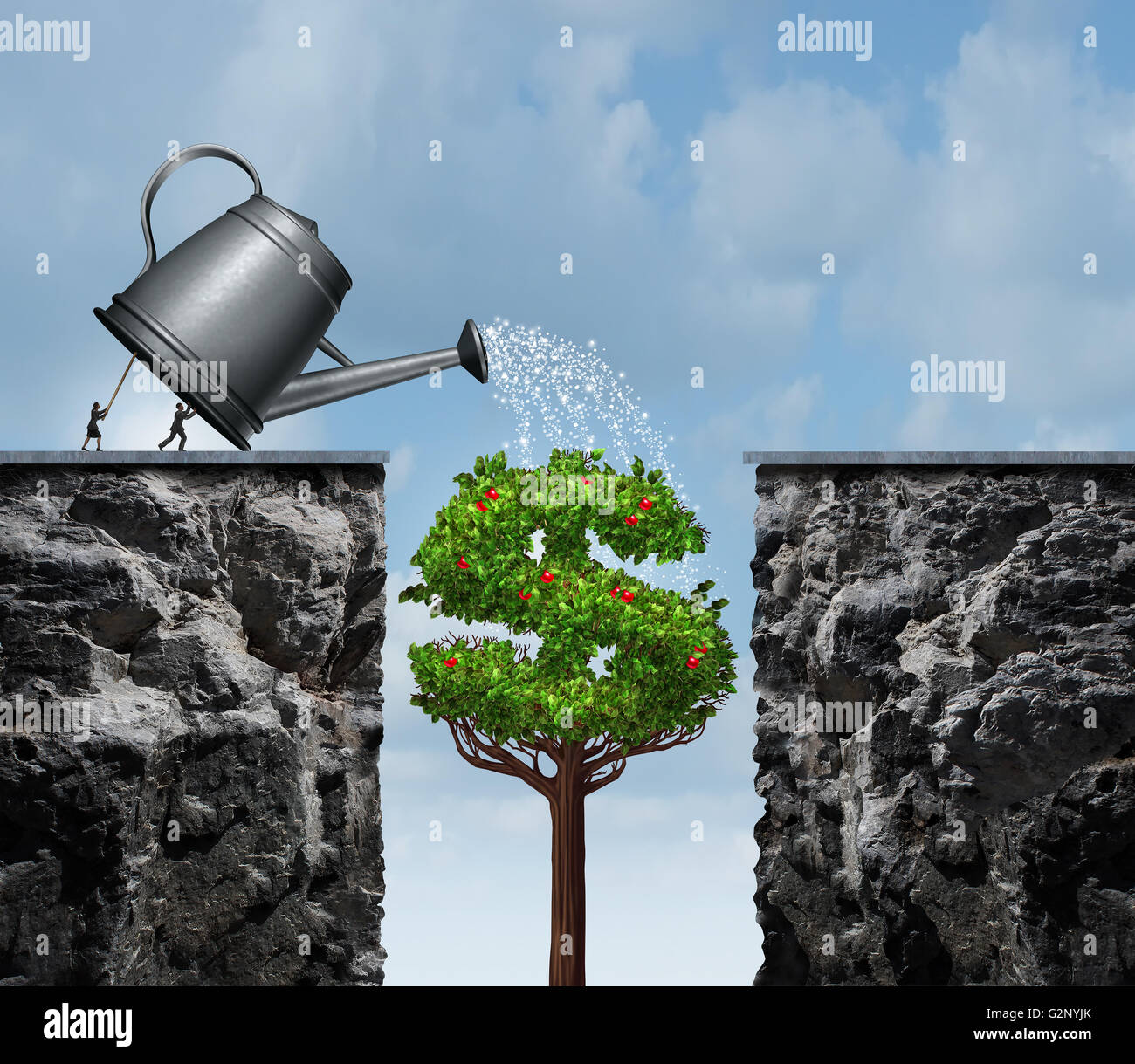 Planning for financial success business concept as a group of businesspeople using a watering can to feed a growing moneey tree Stock Photo