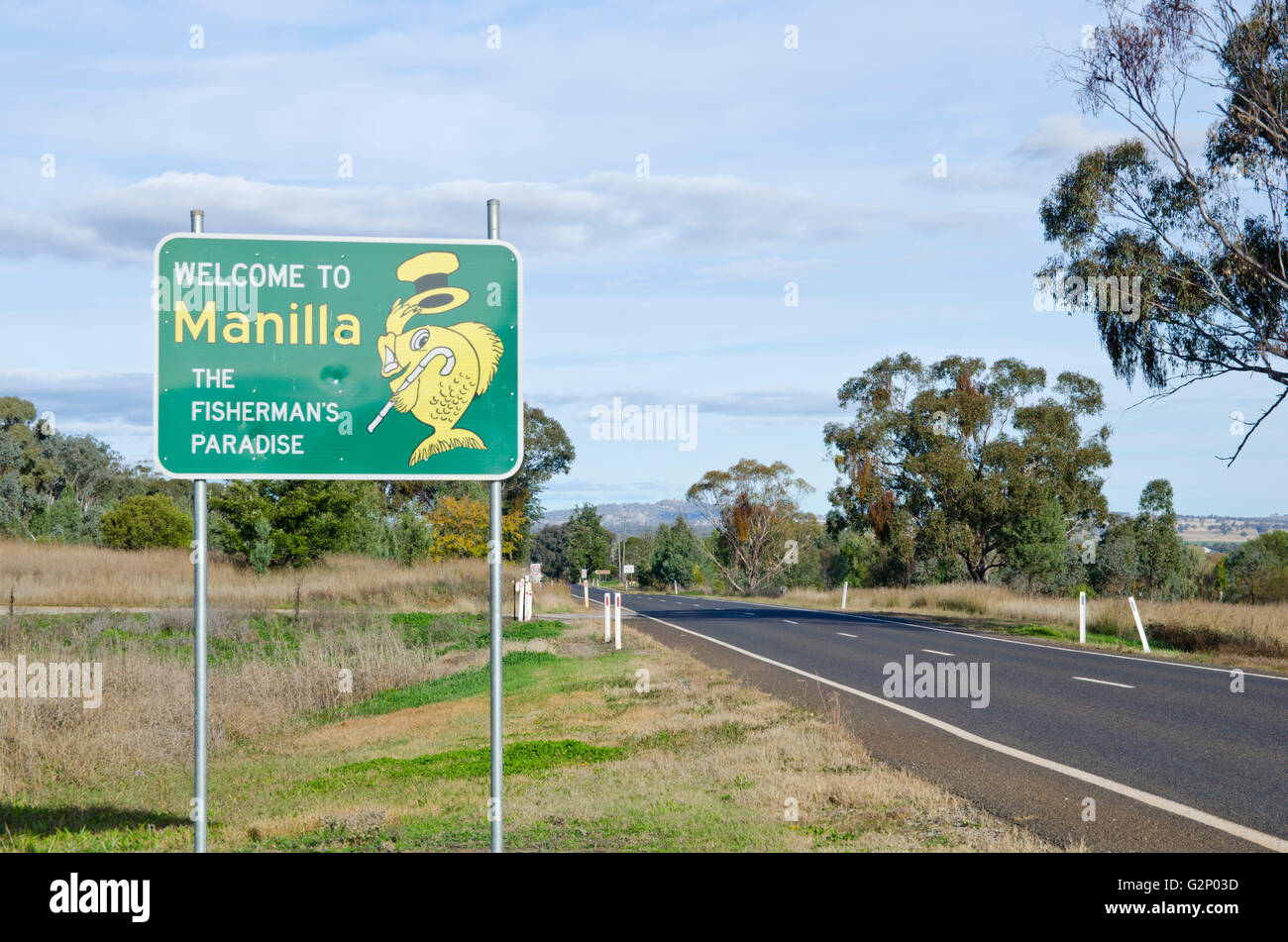 Roadside sign on outskirts of Manilla 'The Fisherman's Paradise' NSW Australia Stock Photo