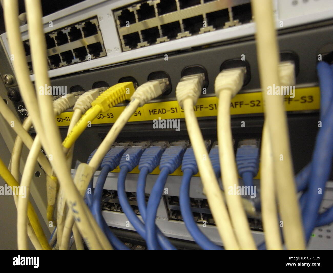 computer server cable host port internet hack hacker connect small room terminal business office technical science administrator Stock Photo