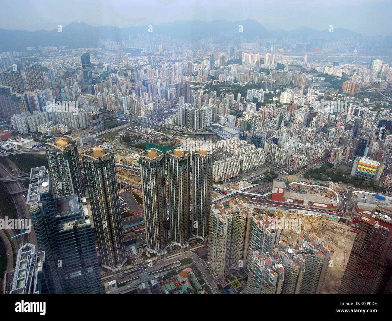 Hong Kong Travel daytime central city  building high rise Aerial photo up town shopping mall busy famous tall  sky Stock Photo