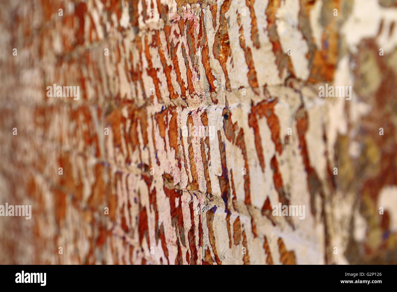 A weathered brick wall with peeling paint, in Battery Point, Hobart, Tasmania. Stock Photo
