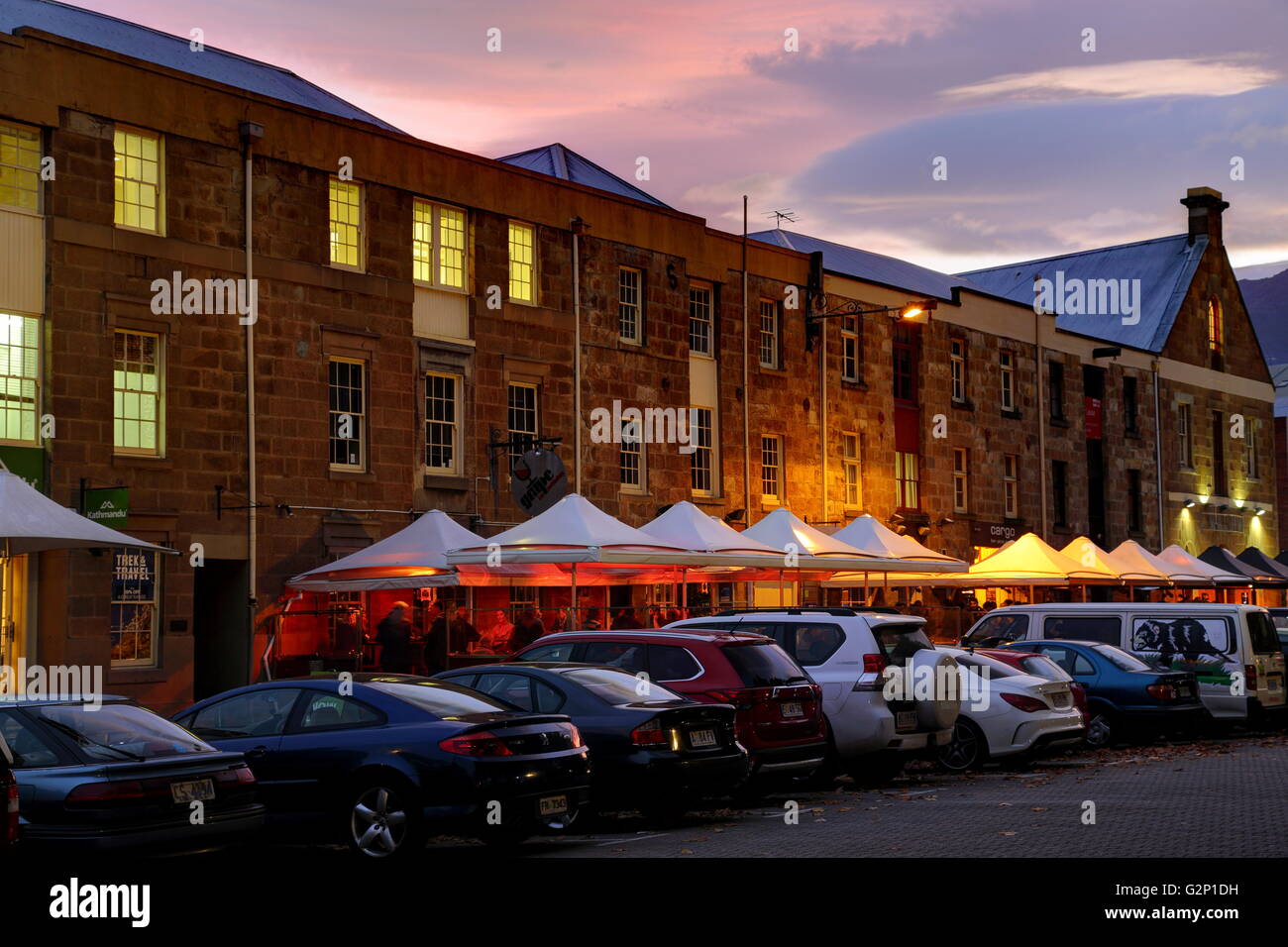 Restaurants and bars operating along Salamanca Place in Hobart, Tasmania, Australia. Stock Photo