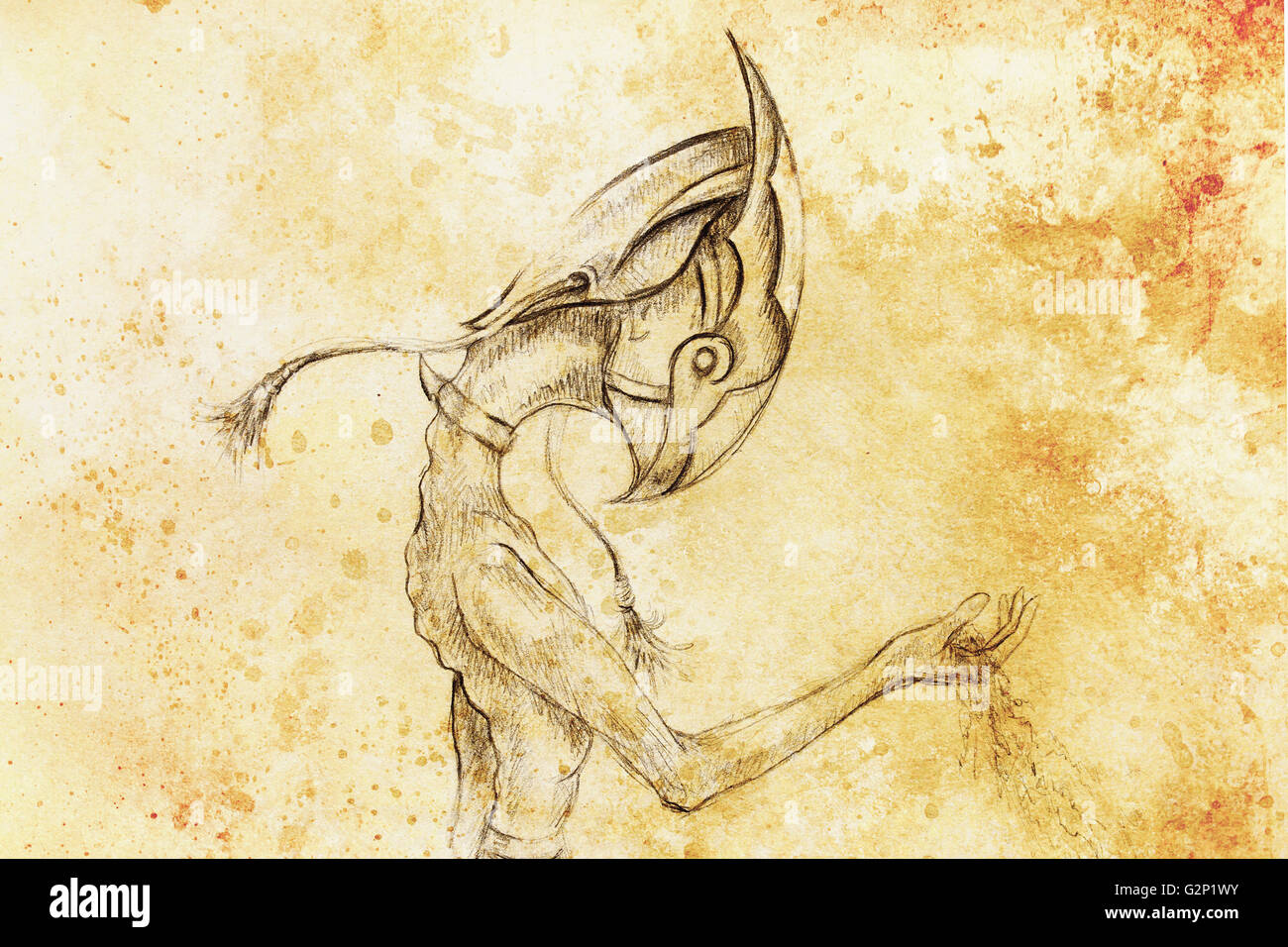 Transience Drawing allien hold sand, original drawing on paper. transience and time ...