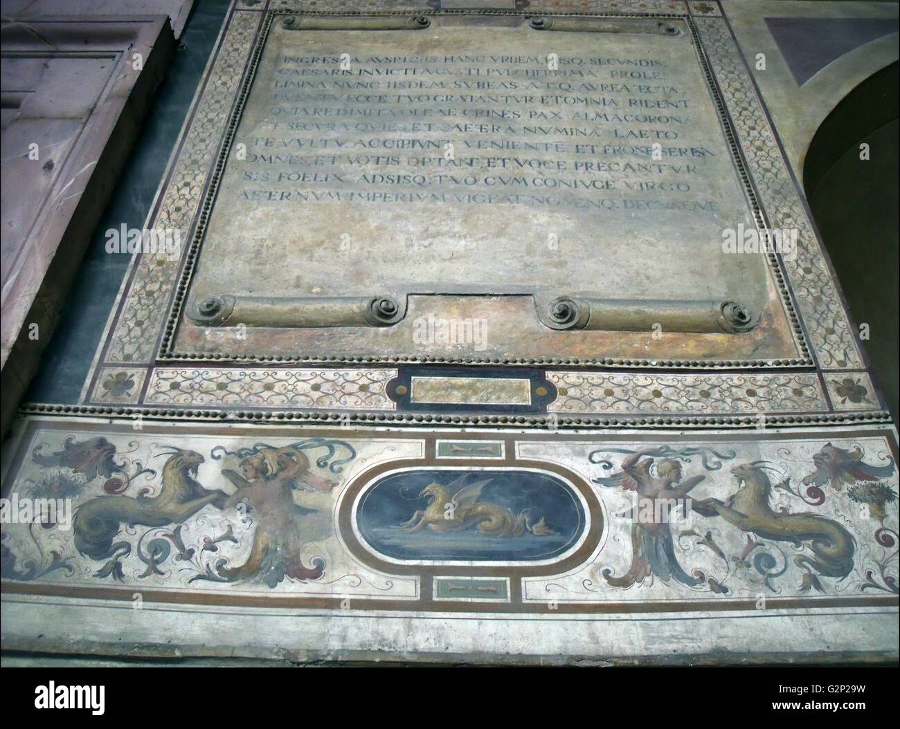 Florence Inscriptions Interior detail from the Palazzo Vecchio, Florence, Italy. A massive ...
