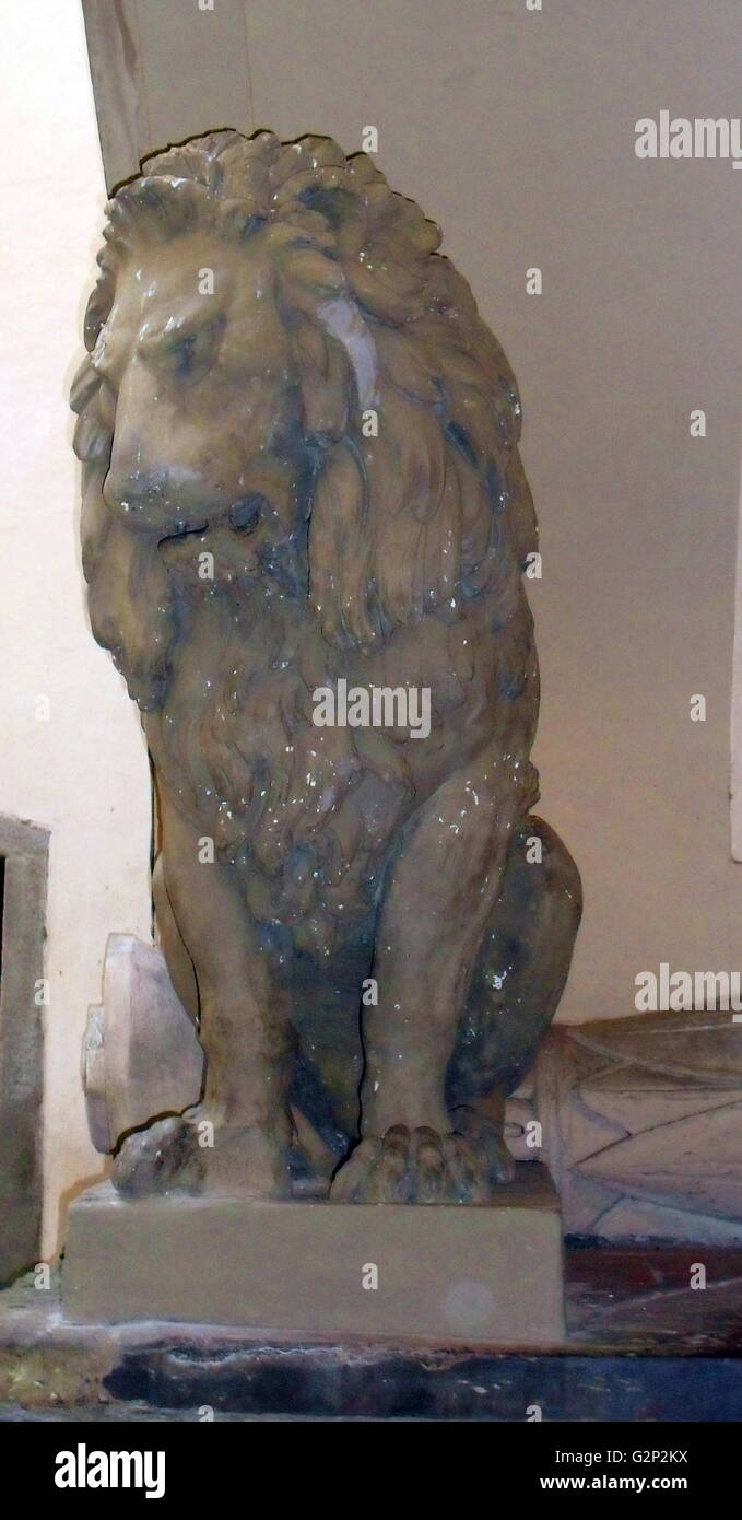 Roman Lion sculpture found in the Loggia della Signoria, Florence, Italy. Made from marble circa second century AD, but with significant modern restorationo work. Discovered in Rome and restored by Giovanni Sciarano around 1589. Stock Photo
