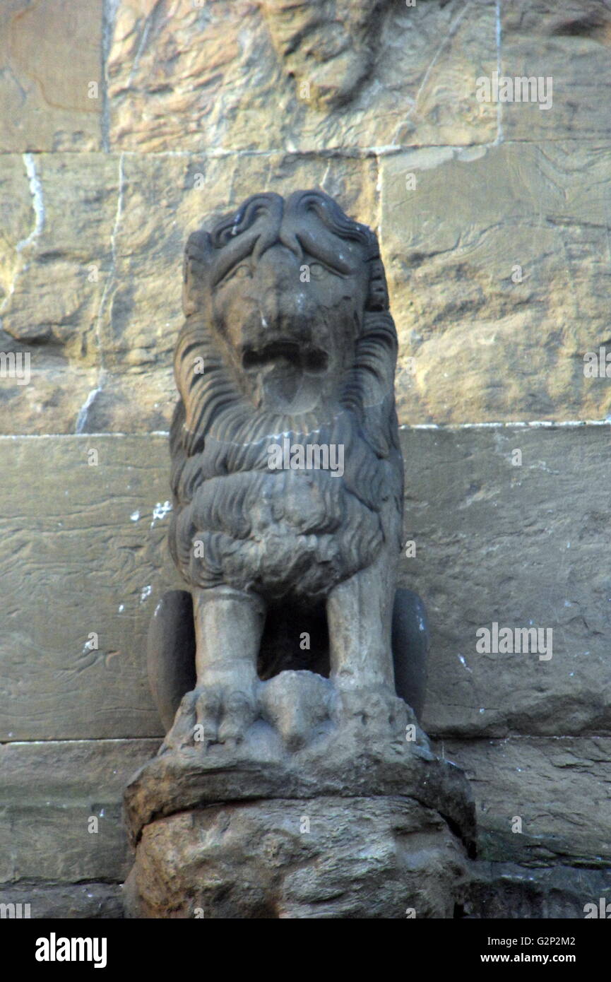 Roman Lion sculpture found in the Loggia della Signoria, Florence, Italy. Made from marble circa second century AD, but with significant modern restorationo work. Discovered in Rome and restored by Giovanni Sciarano around 1589. Stock Photo