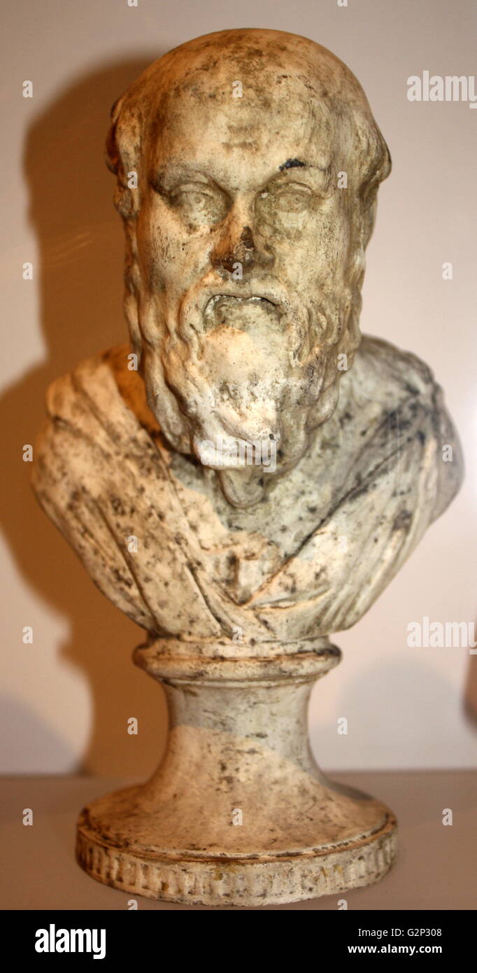 Bust of Socrates, classical Greek philosopher. Made from plaster. Circa 469-399 BC. Stock Photo