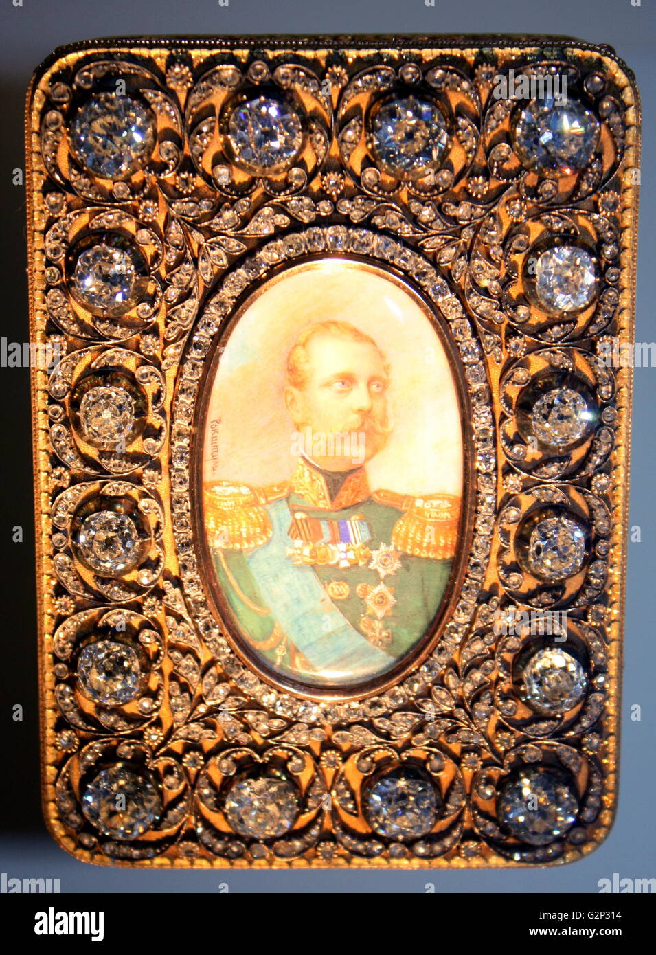 The Murchison snuffbox. A diamond studded snuffbox gifted to Sir Roderick Murchison by the Russian Tsar Alexander II in 1867. Made from Gold, Diamonds and enamel adorned with a portrait of the Tsar on the front. Stock Photo