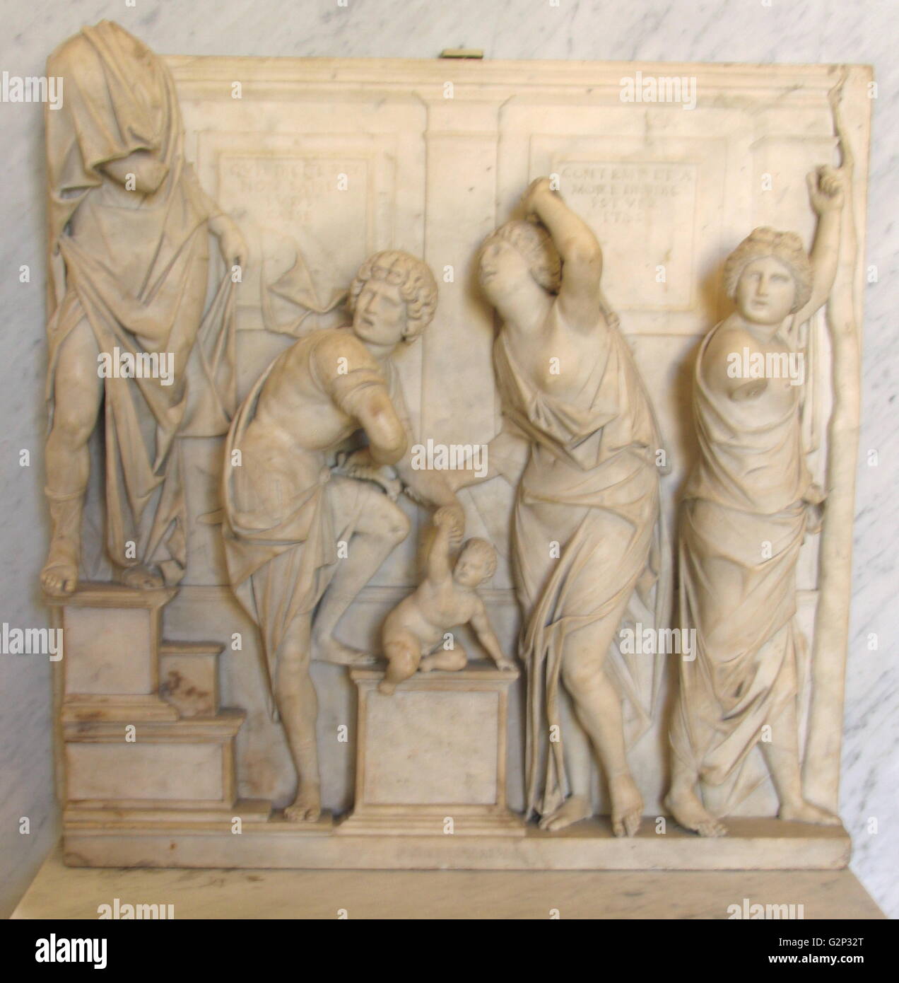 Relief in Marble, 'Le Jugement de Salomon'. Circa 1516-1529 By Italian sculptor Giovanni Maria Mosca. One of his earliest documented works. Completed during his time in Padua as a commission for Giovanni d'Antonio Minello. Stock Photo