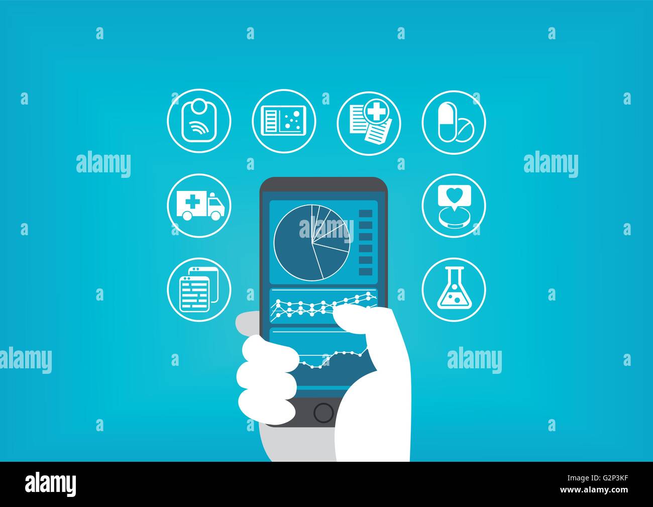 Electronic healthcare (e-health) concept with hand holding smart phone to access digital medical records of patients Stock Vector