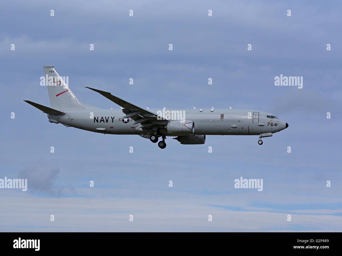 Flying into RAF Lossiemouth US Navy P8 Poisdon Maritime Aircraft No 764.  SCO 10,384. Stock Photo