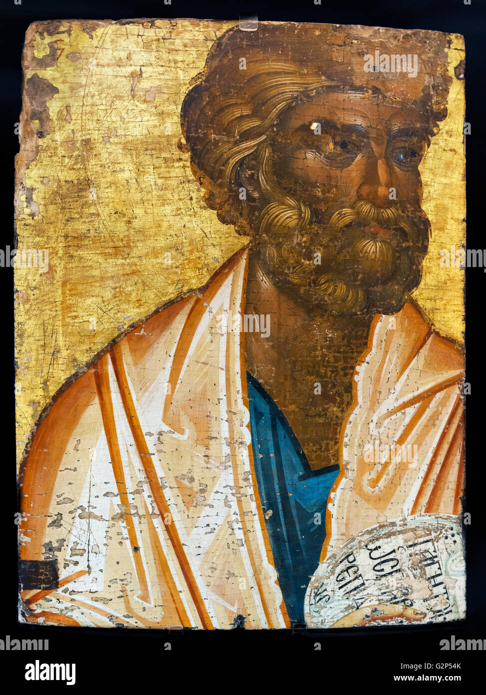 Icon of Saint Peter, painted in egg tempera, with gold leaf, on a cedar wood panel, from Constantinople c.1320, displayed in the British Museum, Bloomsbury, London, UK Stock Photo