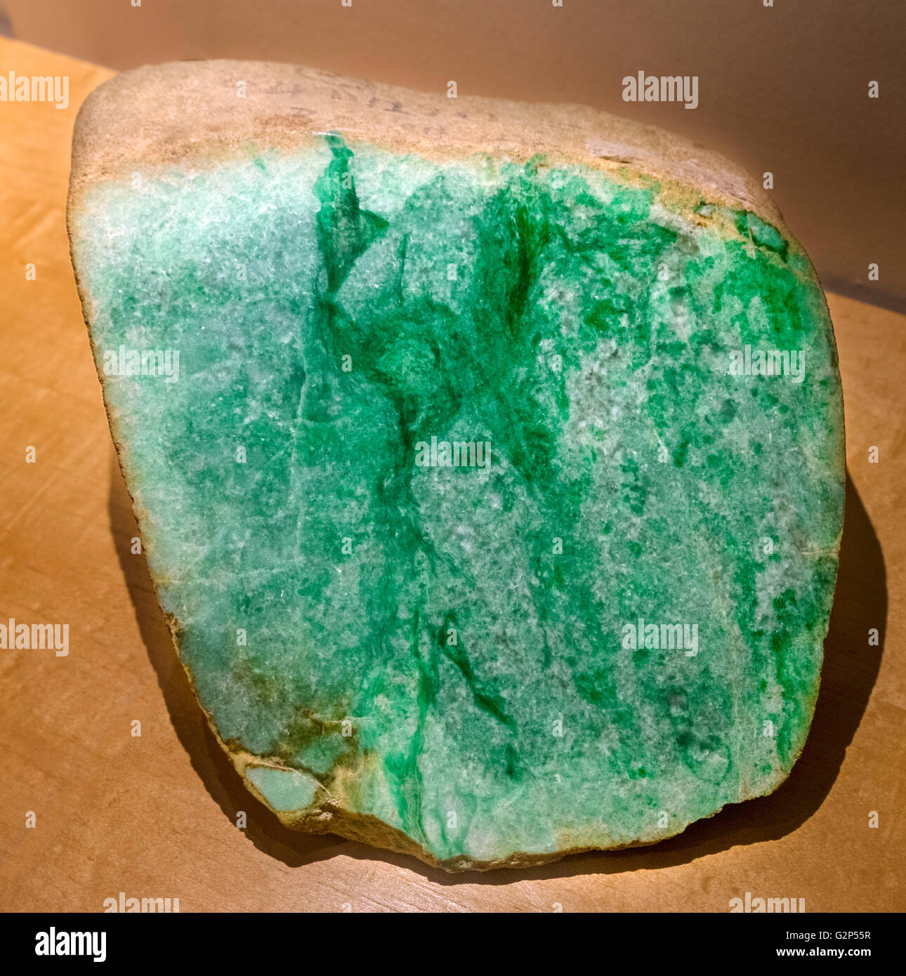 Emerald green Jadeite from Burma, displayed in the British Museum, Bloomsbury, London, England, UK Stock Photo