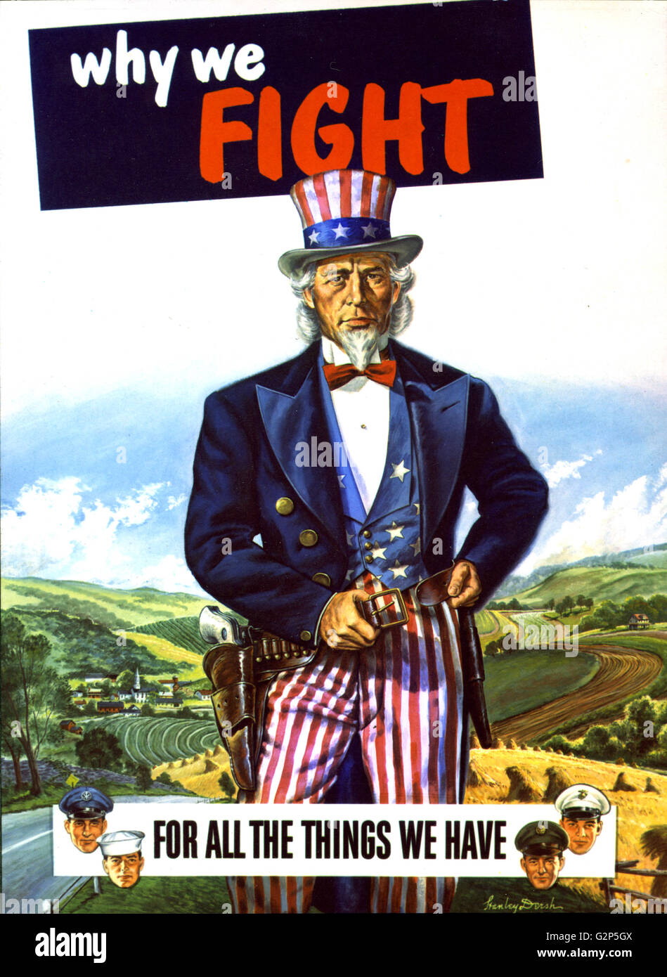 Post-World War II poster painting showing Uncle Sam, assisted by men of all branches of the U.S. military, ready to defend the American way of life. Stanley Dersh, artist. Stock Photo
