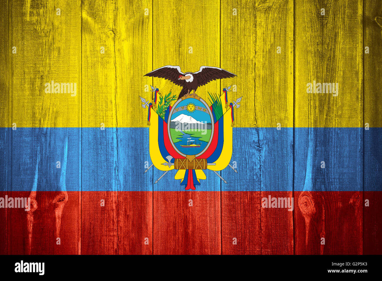 flag of Ecuador or Ecuadorian banner on wooden background Stock Photo