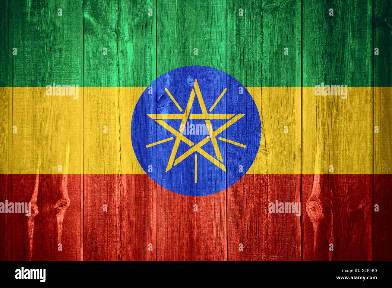 flag of Ethiopia or Ethiopia banner on wooden background Stock Photo