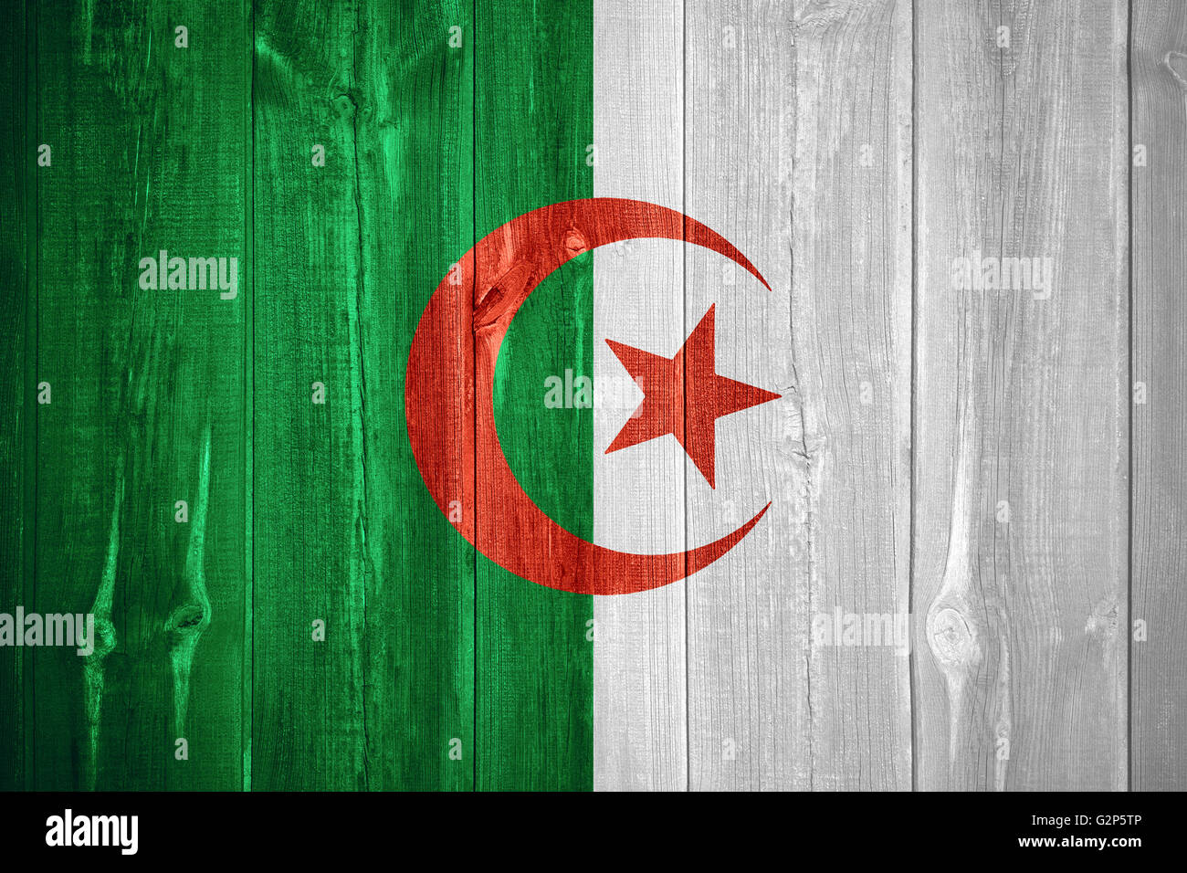 flag of Algeria or Algerian banner on wooden background Stock Photo
