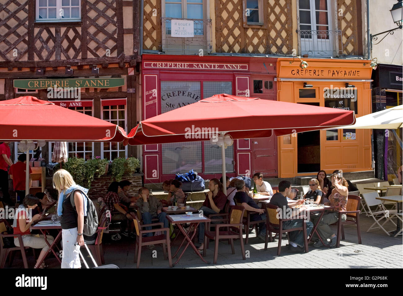 Place Sainte-Anne, Rennes, Brittany, France: creperies cheek by jowl Stock Photo