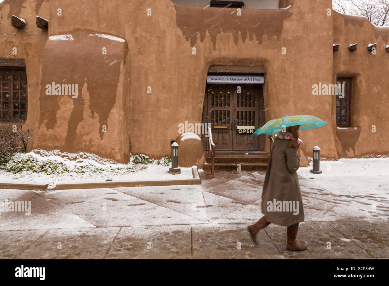 The adobe style New Mexico Museum of Art in the historic district