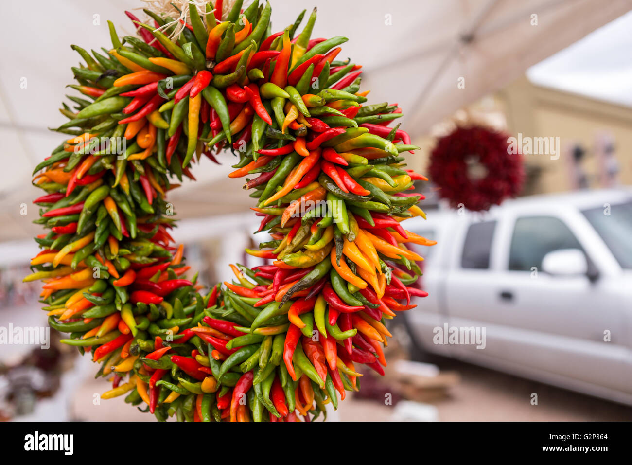 A wreath made from chili peppers at the Santa Fe Farmers Market in the