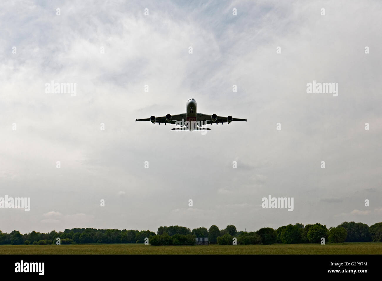 Emirates Airbus A380-800 passenger aircraft, on landing approach to  Franz Josef Strauss Airport, Munich, Upper Bavaria, Germany Stock Photo