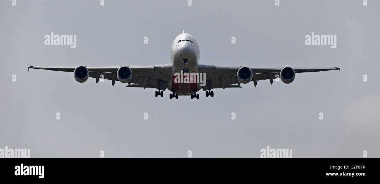 Emirates Airbus A380-800 passenger aircraft, on landing approach to  Franz Josef Strauss Airport, Munich, Upper Bavaria, Germany Stock Photo