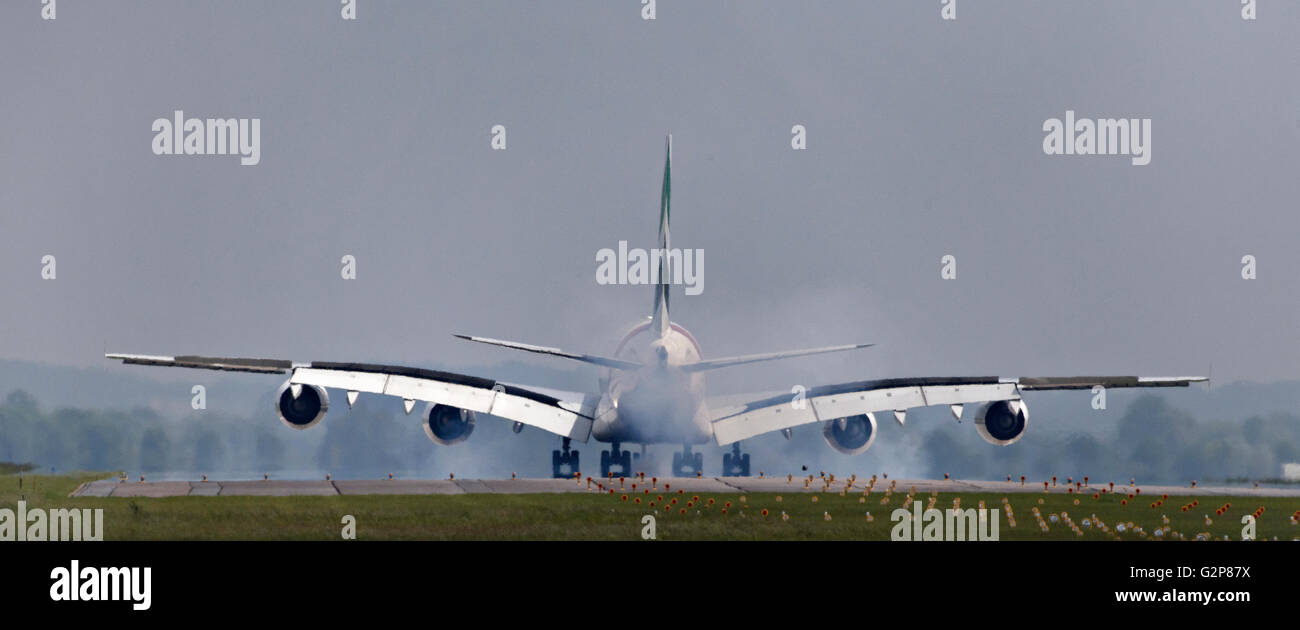Emirates Airbus A380-800 passenger aircraft seen from behind, landing at  Franz Josef Strauss Airport, Munich, Germany Stock Photo