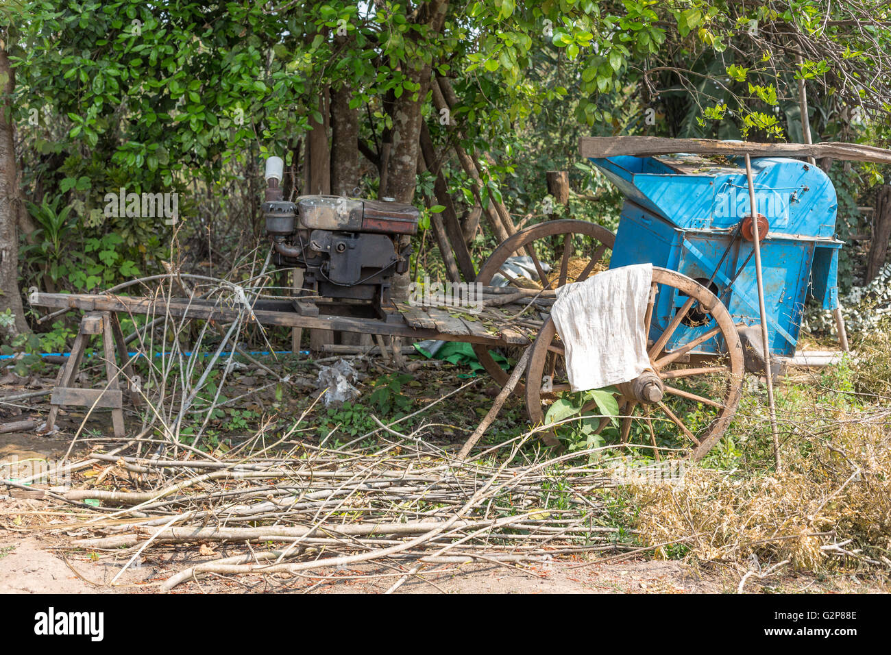 Old tools in a farm of a Shan village. Countryside of Shan state, Myanmar, Burma, South Asia, Asia Stock Photo