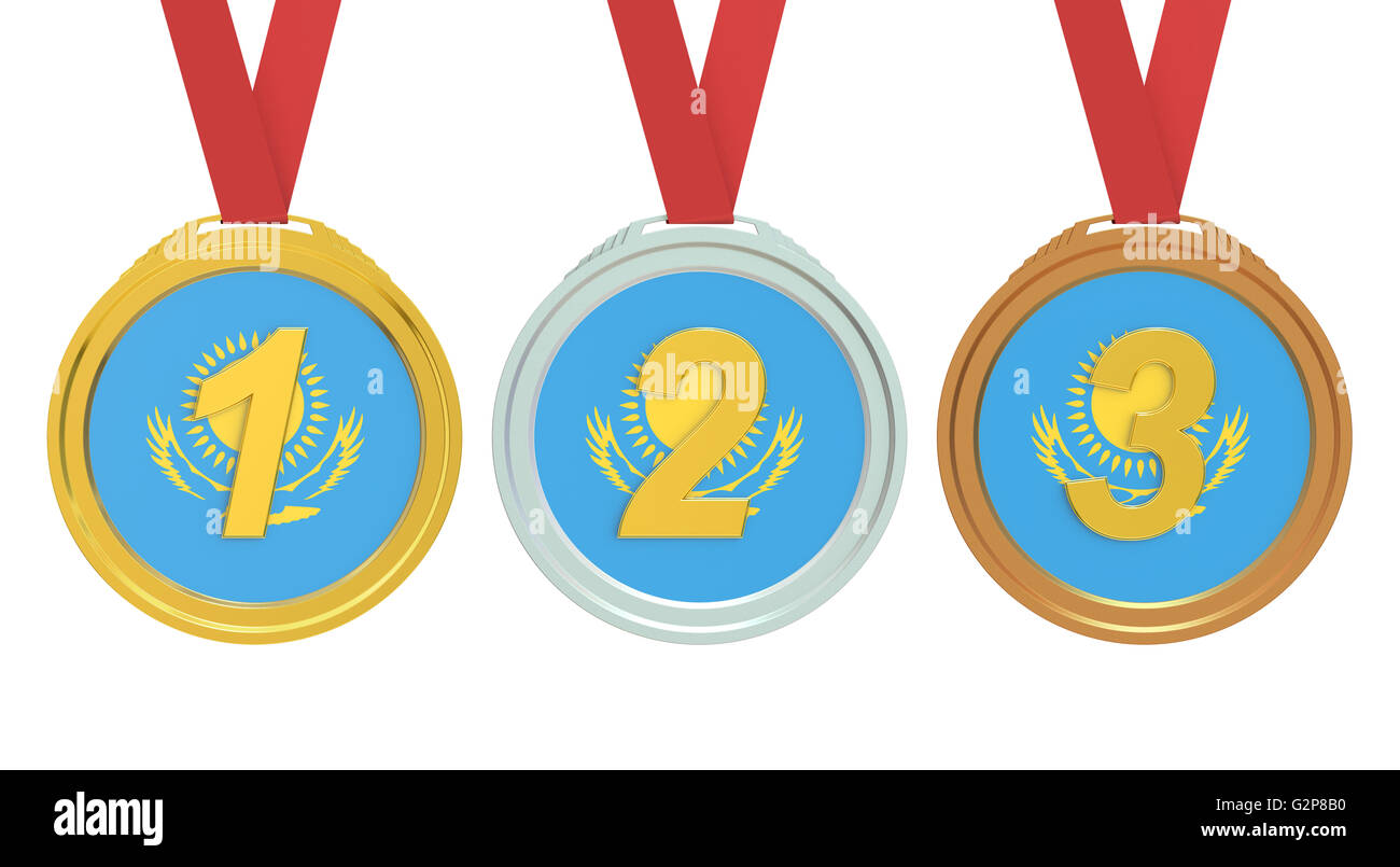 Gold, Silver and Bronze medals with Kazakhstan flag, 3D rendering